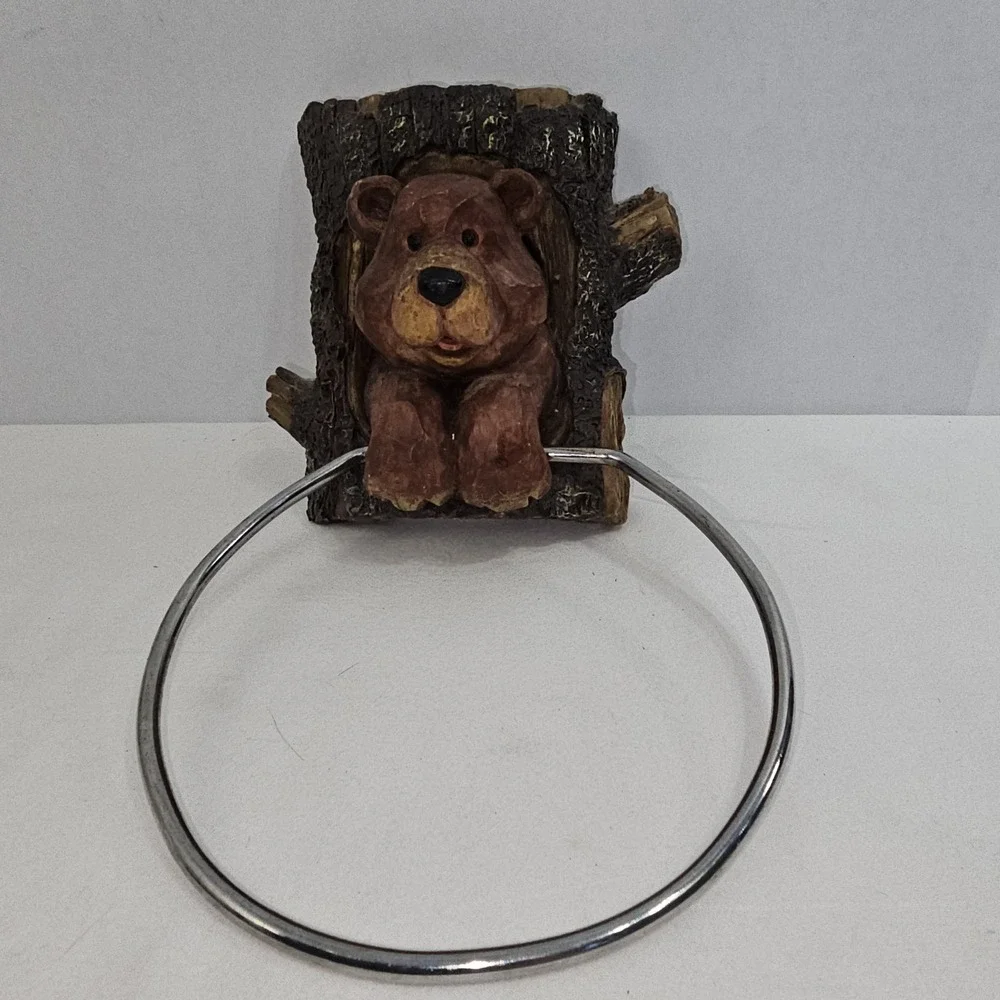 Bear Bathroom Towel Holder. Rustic Cabin Resin/Metal. Brown Bear Cub 5.5in Tall